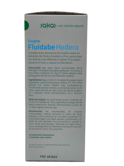 Gargola Fluidabe Hedera Sakai 240ml, Mucosidad, Defensas naturales, Sistema respiratorio, Antiinflamatorio