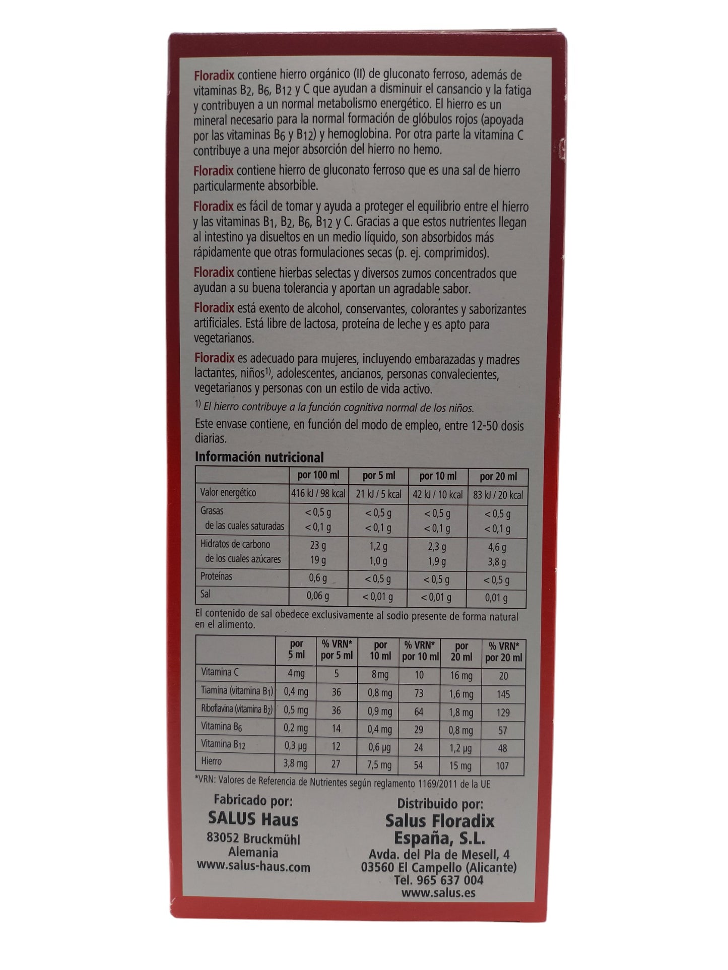 Floradix Hierro + Vitaminas 250ml Salus, Disminuye el cansancio y la fatiga, Energía y Vitalidad, Deporte, Anemia. Ingredientes naturales