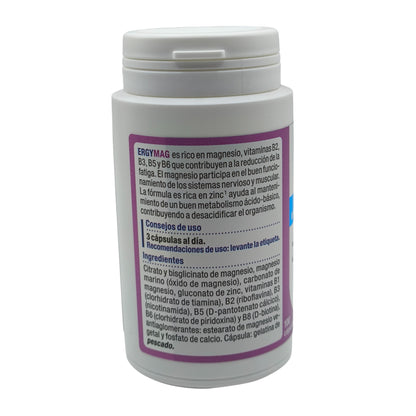 Ergymag 100 cápsulas Nutergia, 4 sales de Magnesio, Con vitaminas B y Zinc, Buen funcionamiento del Sistema nervioso y muscular, Ayuda contra la fatiga física y nerviosa. Estrés, ansiedad.