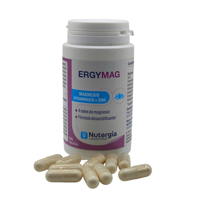 Ergymag 100 cápsulas Nutergia, 4 sales de Magnesio, Con vitaminas B y Zinc, Buen funcionamiento del Sistema nervioso y muscular, Ayuda contra la fatiga física y nerviosa. Estrés, ansiedad.