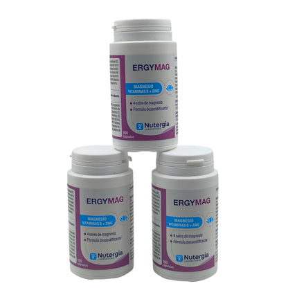 Ergymag 100 cápsulas Nutergia, 4 sales de Magnesio, Con vitaminas B y Zinc, Buen funcionamiento del Sistema nervioso y muscular, Ayuda contra la fatiga física y nerviosa. Estrés, ansiedad.