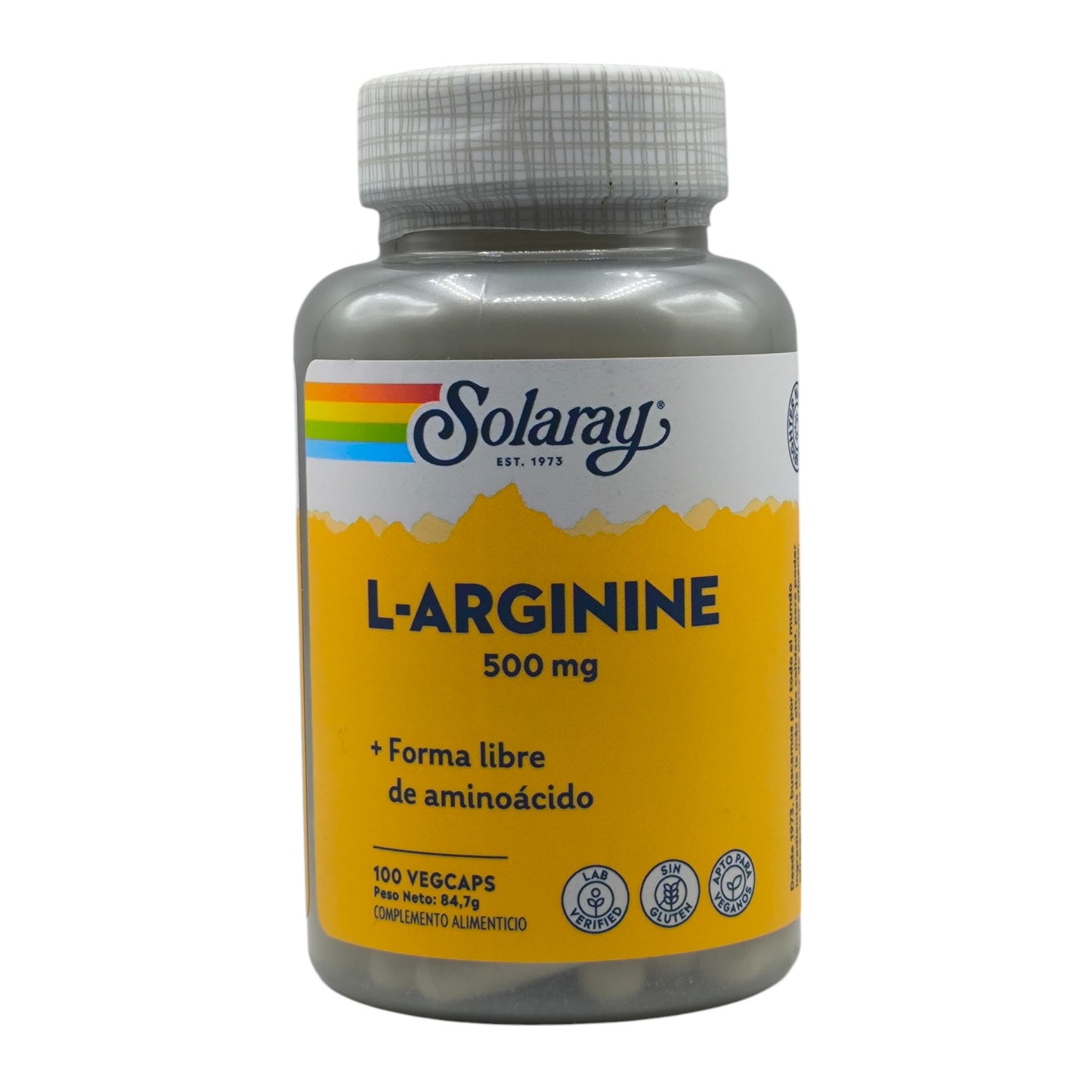 L-Arginina 100 cápsulas vegetales de 500mg Solaray, Aminoácidos, Deporte, Suplemento Nutricional.