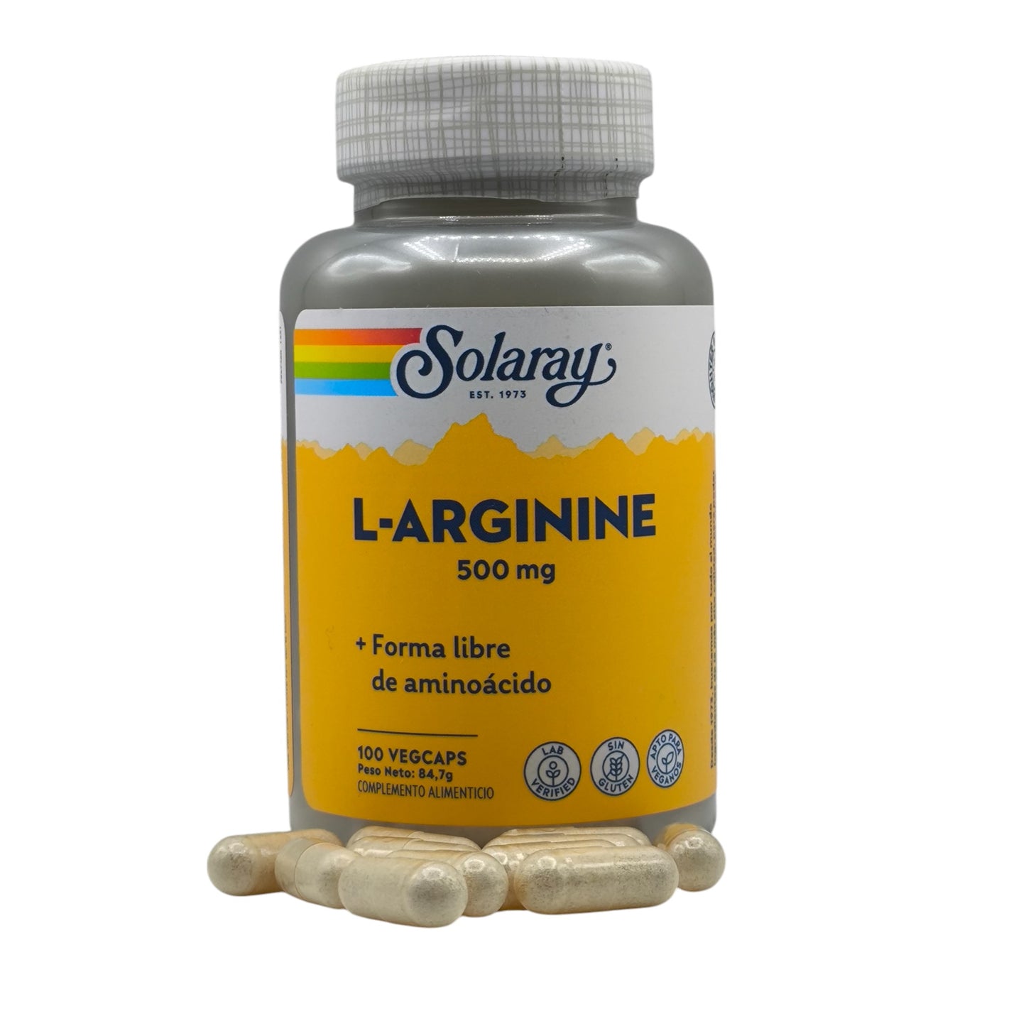L-Arginina 100 cápsulas vegetales de 500mg Solaray, Aminoácidos, Deporte, Suplemento Nutricional.