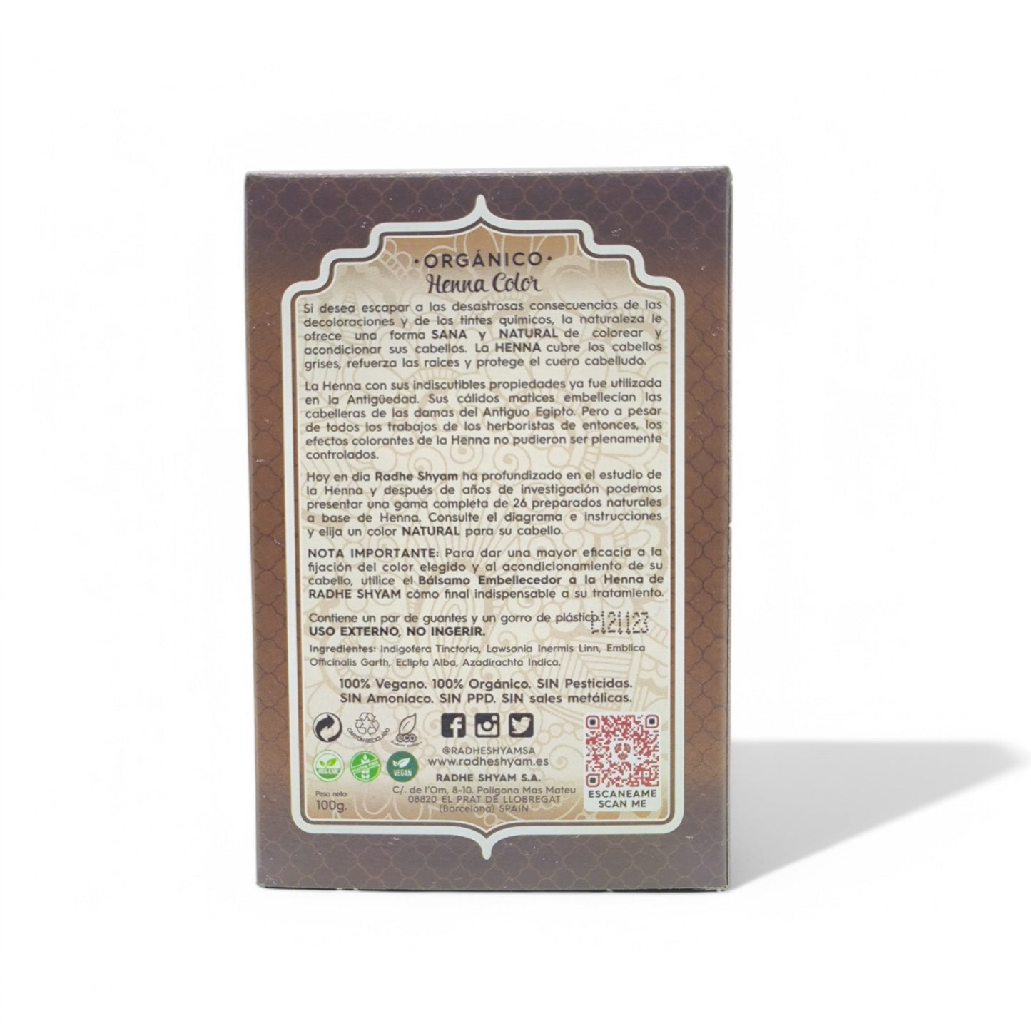 Henna Castaño Intenso polvo 100gr Radhe Shyam. Tinte natural. Colorante para el cabello. Orgánico
