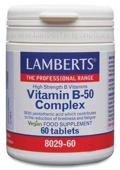 Vitamina B-50 Complex 60 tabletas, Lamberts. Ayuda a reducir el cansancio. Mejora el rendimiento energético. Sistema nervioso.