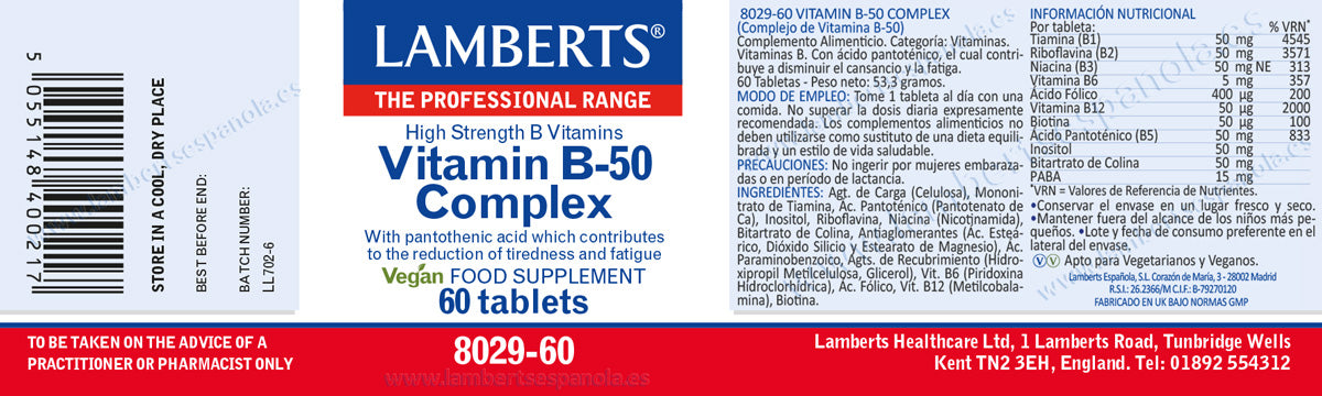 Vitamina B-50 Complex 60 tabletas, Lamberts. Ayuda a reducir el cansancio. Mejora el rendimiento energético. Sistema nervioso.