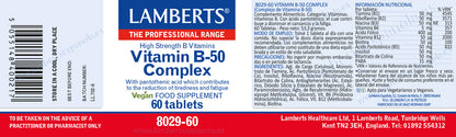 Vitamina B-50 Complex 60 tabletas, Lamberts. Ayuda a reducir el cansancio. Mejora el rendimiento energético. Sistema nervioso.