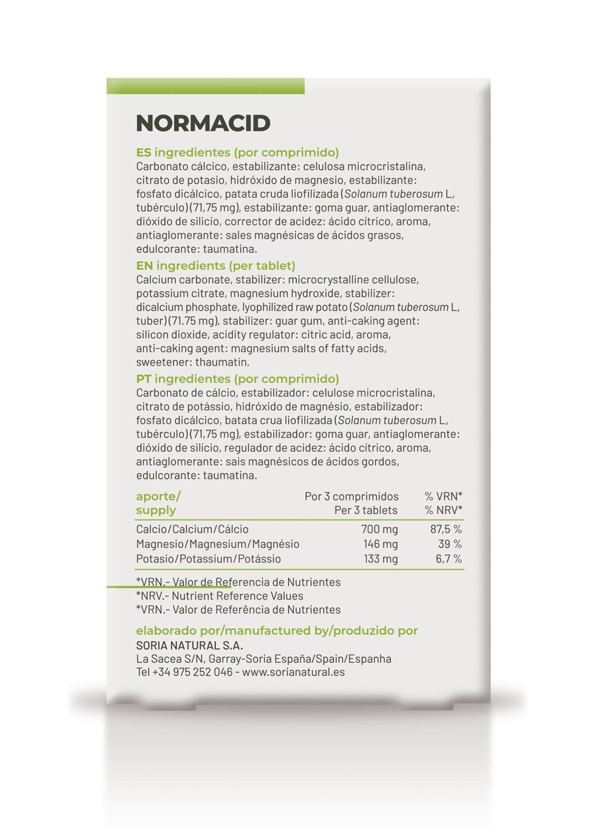 Normacid 32 comprimidos masticables Soria Natural, Acidez estomacal, Digestiones pesadas, Sistema digestivo. Antiácido natural, Magnesio, calcio y potasio. Sin aluminio