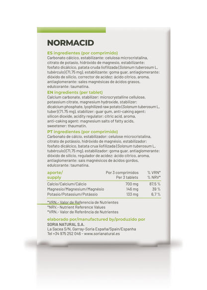 Normacid 32 comprimidos masticables Soria Natural, Acidez estomacal, Digestiones pesadas, Sistema digestivo. Antiácido natural, Magnesio, calcio y potasio. Sin aluminio
