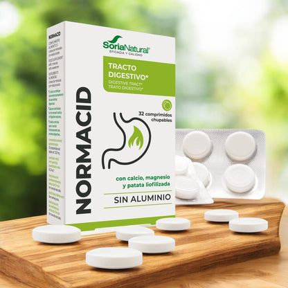 Normacid 32 comprimidos masticables Soria Natural, Acidez estomacal, Digestiones pesadas, Sistema digestivo. Antiácido natural, Magnesio, calcio y potasio. Sin aluminio
