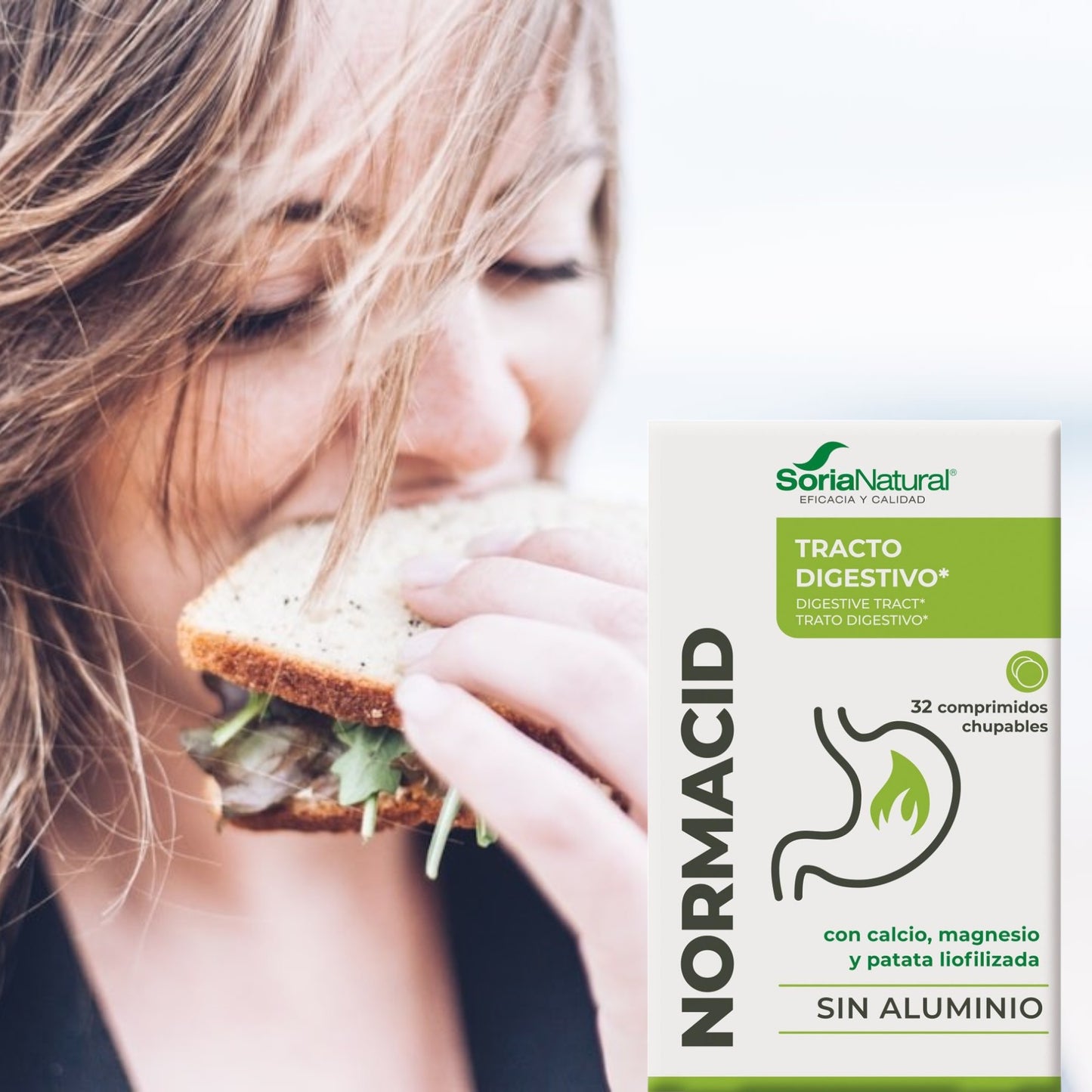 Normacid 32 comprimidos masticables Soria Natural, Acidez estomacal, Digestiones pesadas, Sistema digestivo. Antiácido natural, Magnesio, calcio y potasio. Sin aluminio