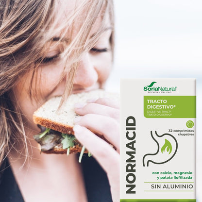 Normacid 32 comprimidos masticables Soria Natural, Acidez estomacal, Digestiones pesadas, Sistema digestivo. Antiácido natural, Magnesio, calcio y potasio. Sin aluminio