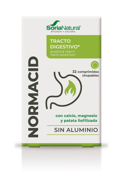 Normacid 32 comprimidos masticables Soria Natural, Acidez estomacal, Digestiones pesadas, Sistema digestivo. Antiácido natural, Magnesio, calcio y potasio. Sin aluminio